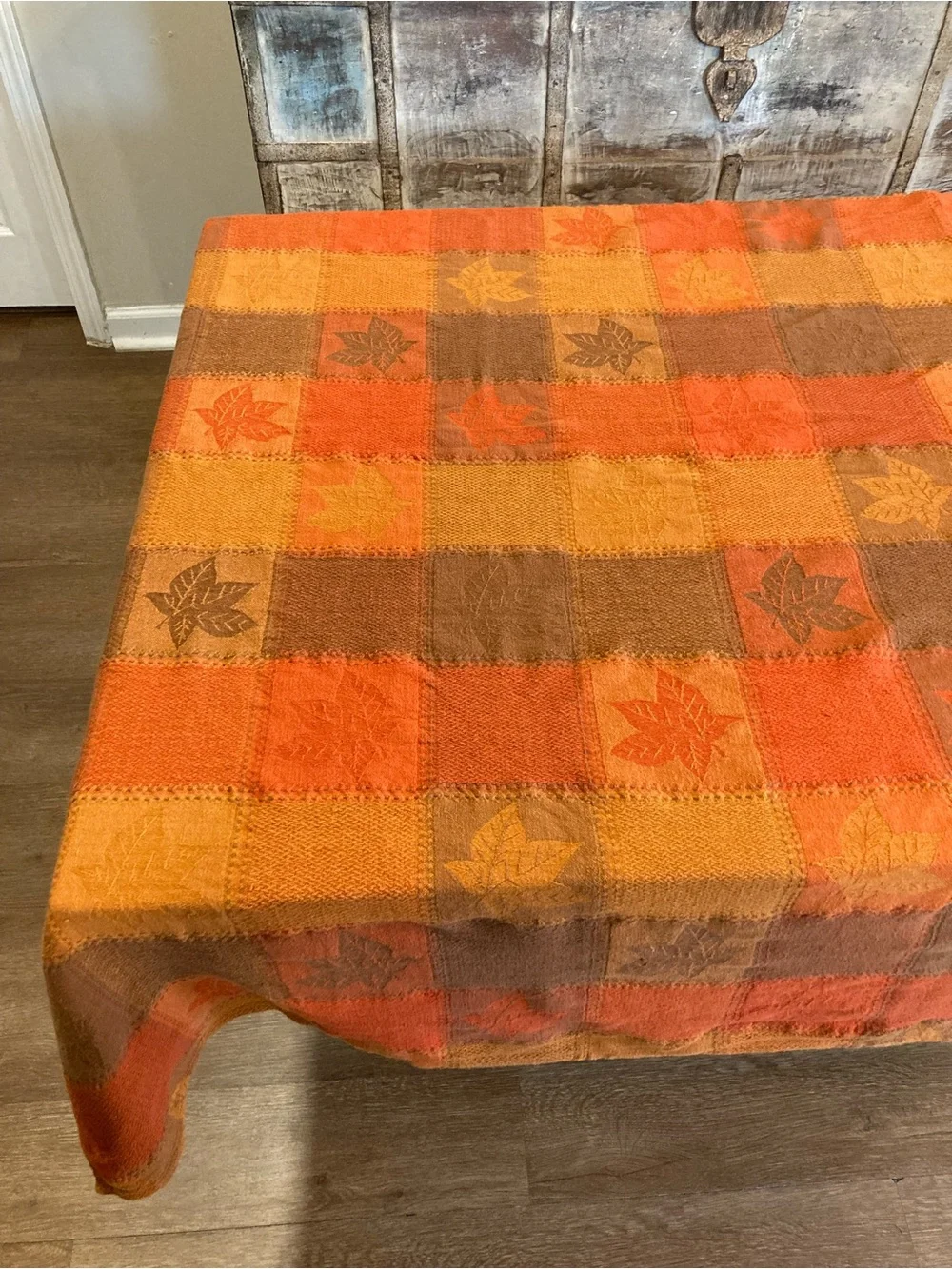 Fall Autumn Plaid Tablecloth Cotton Leaves Orange Brown 71 x 52”